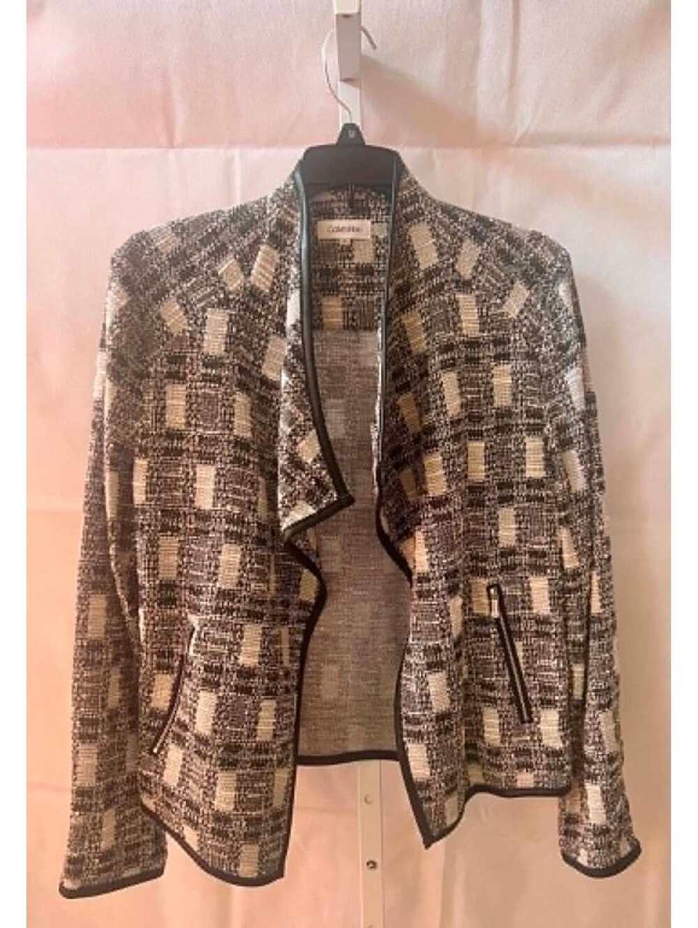 Calvin Klein Women’s S Boucle Tweed Open Front Draped Blazer Jacket Metallic
